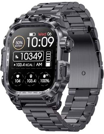 Smartwatch Herren Taschenlampe Sportuhr mit Blutdruckmessung Pulsmesser Schlaftracker Telefonfunktion 5 ATM Wasserdicht Militär Uhr Outdoor Tactical Watch Military Schrittzähler Android iOS Laufuhr