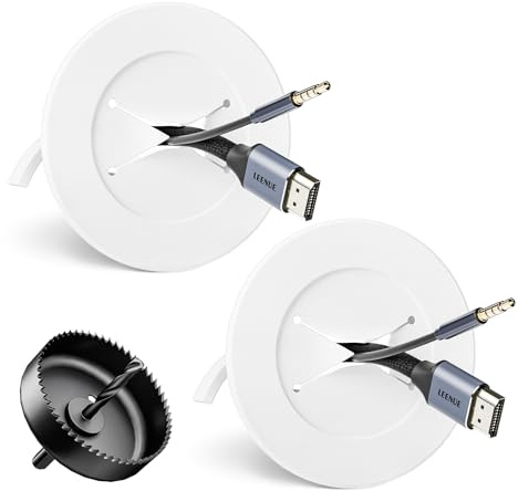 in Wall Cable Management Kit, Slim TV Wire Hider Kit for Wall Mounted TV, 2 Pcs Pass Through with Hole Saw for Network, HDMI, Speaker Cables, Coaxial, White