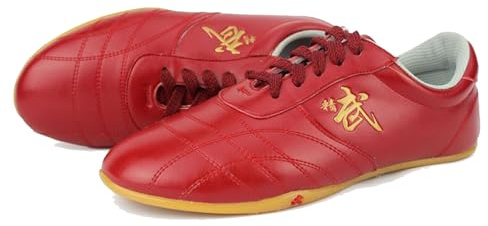 Scarpe per Arti Marziali in Pelle da Donna Kung Fu Tai Chi Scarpe Donna Uomo Cinese Wu Shu Scarpe da Ginnastica Karate Taekwondo Sneakers Boxe Tai Ji Kong Fu Scarpe Sportive(Size:43EU,Color:Red)