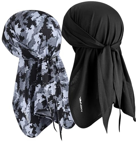 YANIKY Bandanas Do Rag Skull Caps for Men, Women Breathable Helmet Liner, Multifunctional 3 in 1 Face Covering Bandana Hat UV Sun Protection Neck Drape Cycling Hat Durags (Black+Geometric Camouflage)