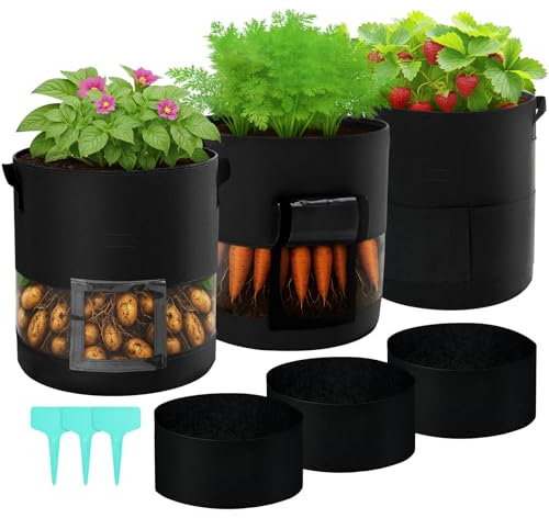 GOTGELIF 3 Pack 15 Gallon Potato Grow Bags, Breathable Plant Grow Bag With Visible Window and Handle, Thickened Large Non-woven Fabric Tomatoes Growing Bags for Vegetables/Fruits/Flowers (Black)
