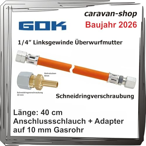 Gasschlauch 40 cm Winterfest + Adapter auf 10 mm Gasrohr für Caravan, Wohnmobil, Wohnwagen Gasanlage Propan 2026