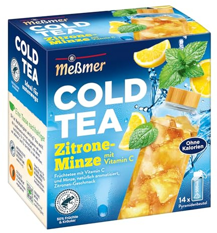 Meßmer Cold Tea Zitrone-Minze | Belebe dein Wasser mit dem spritzigen Geschmack | ohne Zucker | ohne Kalorien | Alternative zu zuckerhaltigen Getränken wie Limonade oder Saft | 14 Pyramidenbeutel