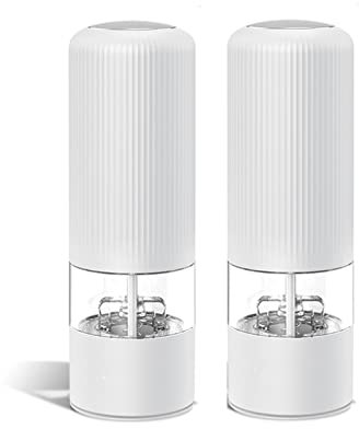 TONZN Molinillo de Sal y Pimienta, Molinillo eléctrico, Grosor Ajustable, Rotor de cerámica, Funciona con Pilas, Paquete de 2, Plateado (Negro) (Blanco)
