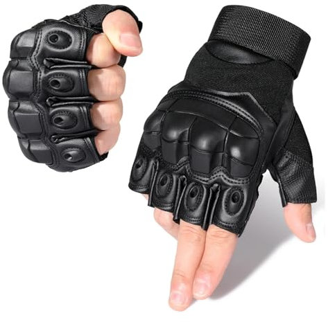 POOIQX Taktische Halbfingerhandschuhe aus PU-Leder, rutschfeste Fingerlose Handschuhe for die Arbeit im Freien,Fingerfertigkeit Garantiert(L)