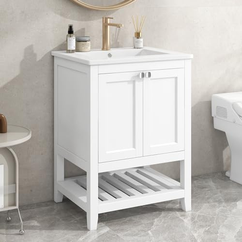 YuQozii Mobile da bagno singolo con mobiletto da 60 cm, con lavabo in ceramica (bianco)