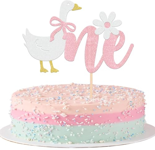 SYKYCTCY 1 Pack Silly Goose One Cake Topper Glitter White Goose Cake Pick One Silly Goose Birthday Decorations for Boys Girls Baby Shower Kids Birthday Party Cake Decorations Supplies