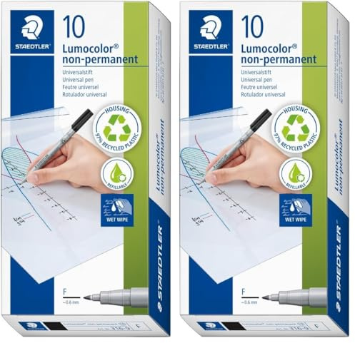 Staedtler Folienstift Lumocolor non-permanent, wasserlösliche Tinte, für fast alle Oberflächen geeignet, Linienbreite F 0,6 mm, nachfüllbar, lange Lebensdauer, 5 schwarze Stifte, 316-9X