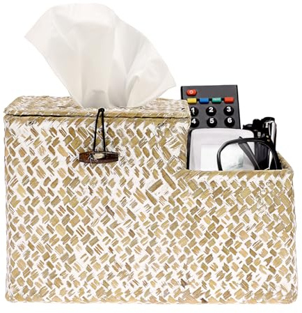 IGNPION Woven Tissue Holder Box with Side Pocket, Cube Tissue Cover, White | Seagrass Decorative Facial Tissue Cover Box, Square Tissue Dispenser Case with Remote Control Holder for House Office Hotel