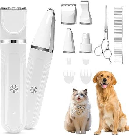 Flintronic 4 in 1 Dog Clippers Professional, Dogs Grooming Clippers Kit, Rechargeable Pet Paws Trimmer, with Stainless Steel Scissors Combs, Dog/Cat Shaver for Paws, Claws, Eyes, Ears, Face
