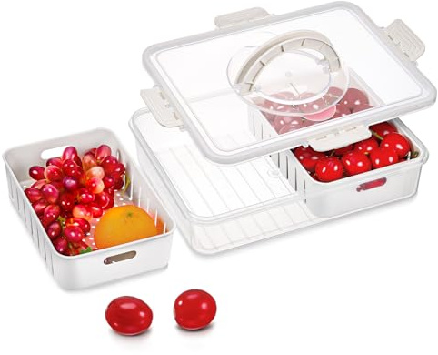 Hejo Contenitori per frutta con coperchio, grande capacità, per insalata, frutta fresca, drenabile, con 2 colini rimovibili, contenitori ermetici per snack, insalate, verdure