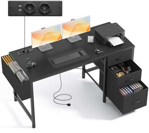 Claiks Kleiner Schreibtisch mit 3 Schubladen aus Stoff, 140x60 cm Computertisch mit 2 Steckdosen und USB-Anschlüssen, PC-Schreibtisch Bürotisch für Home Office, Schwarz