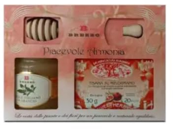 Brezzo | Cofanetto Regalo Piacevole Armonia | Miele Italiano di Arancio 250 Gr + Spargimiele in Legno + Tisana al Melograno e Karkadé (20 Filtri)