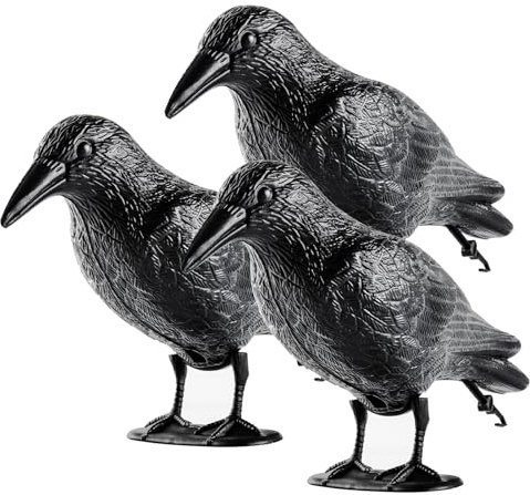 OFFO Cuervo Espantapajaros Exterior,Ahuyentador Palomas,Espanta Palomas Cuervo muñeco para Balcón y Jardín, Ahuyentador de Pajaros Raven de Plástico 3 Pieza