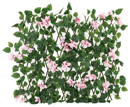 Fictory Clôture d'intimité extensible en lierre artificiel avec fleurs roses Morning Glory - 40 cm de hauteur - Paravent décoratif en bois pour jardin, terrasse et balcon