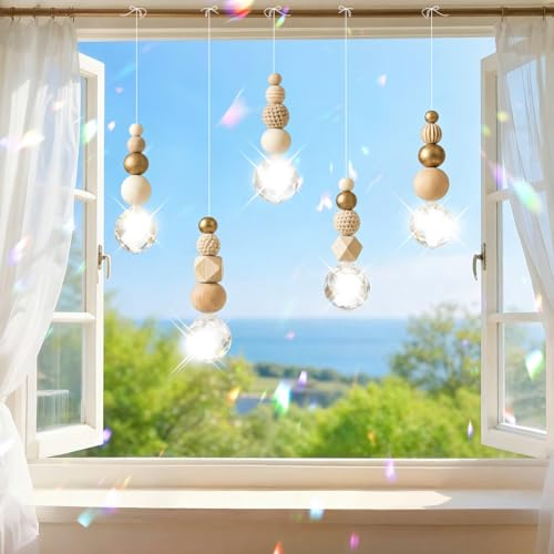 DASIAUTOEM Kristall Sonnenfänger Fenster–5 Stück Sonnenfänger Facettierte Kristalle, Suncatcher mit Holzperlen & Kristallkugel, Lichtfänger für Kronleuchter Anhänger, Fenster, Garten, Hochzeit Dekor