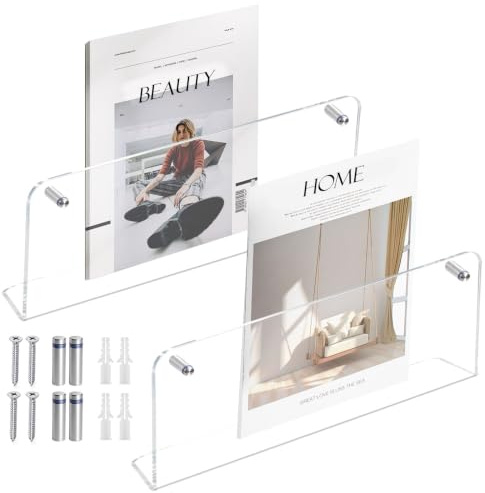 Bubuny 2 Stück Acryl Magazinhalter Wandmontage 40cm, Transparentes Zeitschriftenregal Wandregal für Magazine, Bücher und Broschüren, Schwebendes Bücherregal Zeitungshalter für Büro Hauze