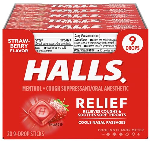 HALLS Relief Strawberry Cough Drops, 20 Sticks of 9 Drops (180 Total Drops)