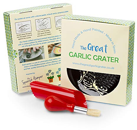 Garlic Grater Set with Brush and Peeler. #3. Handmade and Hand Painted in Cordoba, Spain. Dispatched from the UK. Black Plate with Gold Garlic.