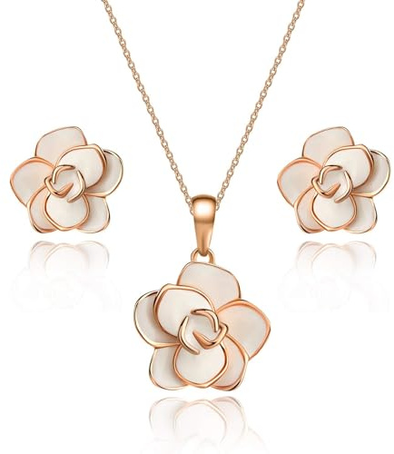 EVEVIC Rose Flower Necklace Earrings Set for Women 18K Gold Plated Jewelry Sets (White)