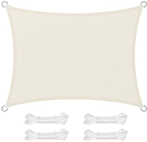 SONGMICS Voile d’Ombrage 3 x 4 m, Protection Solaire en Tissu HDPE, Respirant, Perméable à l’Eau, pour Terrasse, Jardin, Balcon, Camping, Rectangulaire, Concave, Cordes de 2 m, Beige GSS34IVV1