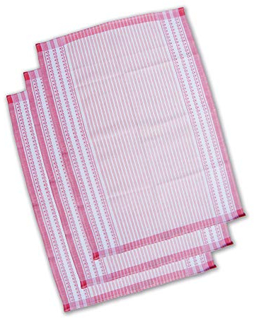 Ross - Geschirrtuch Blümchen mit Nadelstreifen Rot - Halbleine -50x70cm- 3er Pack