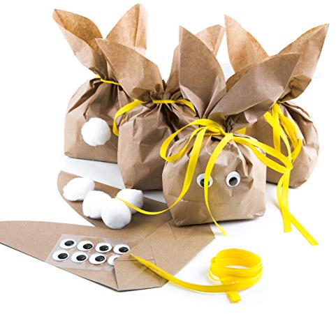 Osterhasen Tüten zum Befüllen, 5 Stück: Ostertüten Hasen, Geschenktüten Ostern, DIY Osternester, Papiertüten Kraftpapier Ostergeschenke, Bastelset Kinder & Erwachsene, Gelb, 19,5 x 29 x 7,5 cm