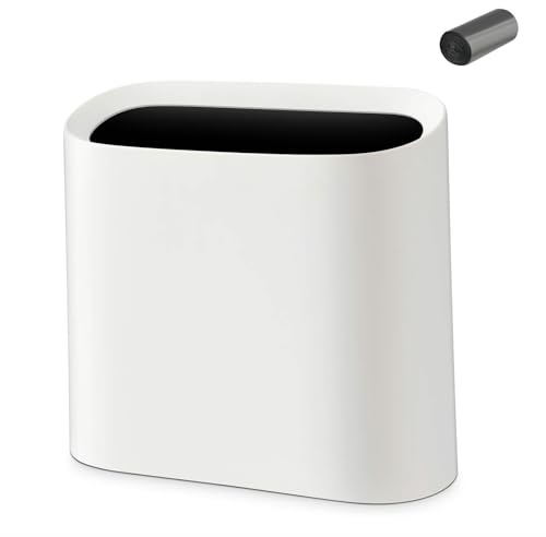 SUBEKYU 2.3 Gal Trash Can for Bathroom,Small Office Garbage Can for Kitchen,Slim Rectangular Waste Bin,Plastic,White