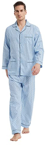 GLOBAL Pijama Hombre 100% Algodón Ropa de Dormir Manga Larga con Botones Cordón Transpirable Conjunto de Pijama Hombre Ropa de Estar por Arriba y Abajo S-XXL