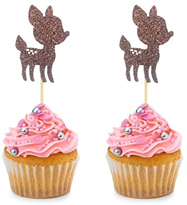 24 Stück braune Glitzer Hirsch Baby Rehkitz Cupcake Topper Picks für Kinderparty Babyparty Hochzeit Geburtstag Kuchen Thema Party Dekorationen Zubehör