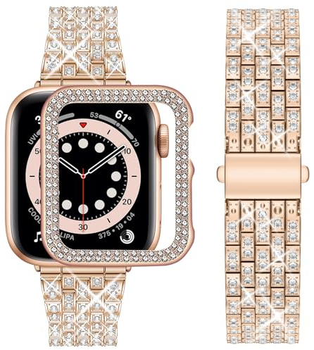 wutwuk Kompatibel mit Apple Watch Armband 41mm Damen Funkeln Glitzer Metallarmband für iWatch Series 9 8 7 41mm mit Diamant Strassstein Harter Schutzrahmen, Rosegold