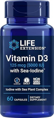 Life Extension, Vitamine D3 125mcg (5000 IU), Dépôt, Une Capsule tous les 5 Jours, avec Iode de Mer, 60 Capsules, Sans Gluten, Sans Soja, Sans OGM