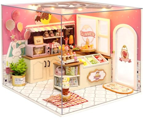 CUTEROOM DIY Holzpuppen Haus Handwerk Miniatur Kit-Schlafzimmer Modell & alle Möbel (Happiness Ice Cream Shop)