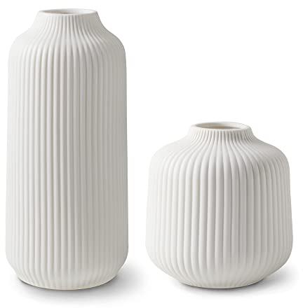Flature Keramik Vasen Set mit Rillen - Modern für Pampasgras, Boho Deko für Fensterbank, Weiß Matt für Blumen, Wohnungsdeko für Frische und Trockenblumen, 2er Set