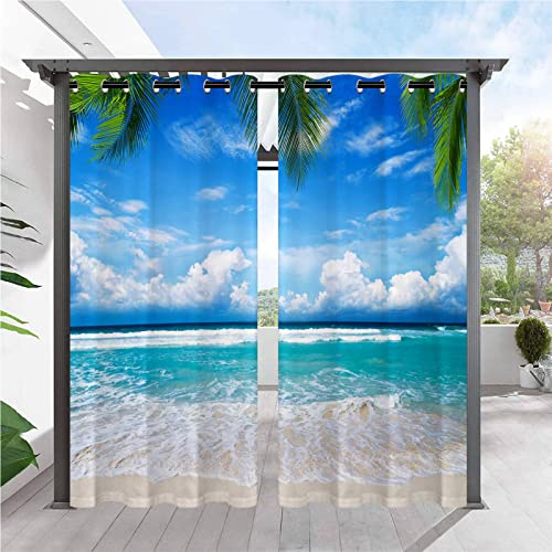 ANHOPE Tropisch Ozean Strand Palme Baum Outdoor Vorhänge mit Ösen Oben Wasserdicht Wetterfest Aussen Gardinen für Balkon Terrasse Garten Pergola Pavillon Außen Vorhang 2er Set B92 x H214 cm