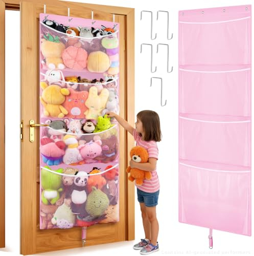 Woodoulogy Hanging Stuffed Animal Storage, Over Door Large Plush Toy Organizer with Metal Hook, Baby Accessory Holder Idea for Nursery, Doll & Bear Mesh Hammock Bag for Girl Boy Kid Room