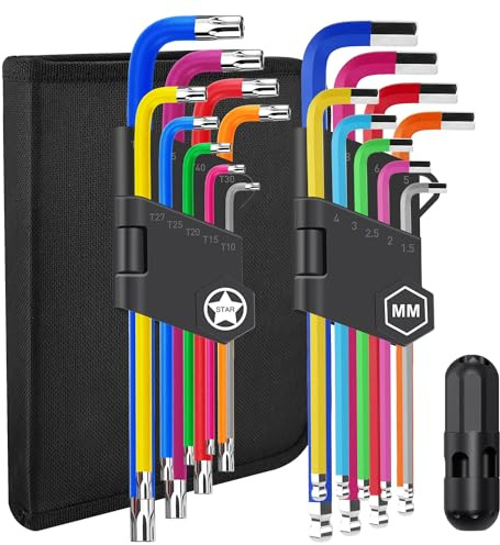 Juego de llaves Allen Torx de 18 piezas, juego de llaves L de codificación de colores que incluye 9 llaves hexagonales Allen y 9 llaves Torx Star con mango de torsión y bolsa de herramientas, acero