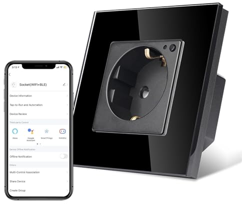 TAWOIA Schuko, prise intelligente, 1 compartiment, 16 A, contrôle par application, travail avec Alexa, cadre en verre, 86 x 86 mm, noir, Wi-Fi seulement 2,4 GHz