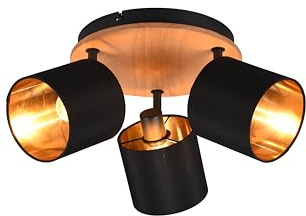 lightling Deckenlampe Benny, Deckenstrahler mit Lampenschirm aus Stoff in Schwarz, Innenseite Gold, Runde Lampe mit Korpus aus Holz und Metall, exkl. 3 x E14 (max. 28W), Höhe: 22cm, Ø 46cm
