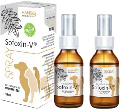 Sofoxin V - Wundpflegespray für Tiere Vegan – Einfach, professionell, unkompliziert – Enthält pflanzliche Polymere, wie ein natürliches Sprühpflaster - Soforthilfe bei Verletzungen der Haut – 2x 10 ml