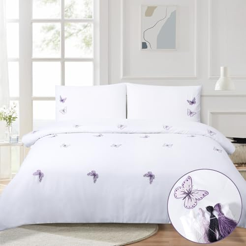 Butterfly Duvet Cover Double Bed Embroidered Purple White Girls Bedding Set | Elegant Duvet Sets Luxury Textured Poly Cotton Pretty for Girls Bedroom 3 Pieces Lavender French Country Cottage 200x200