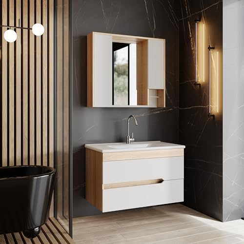 Badezimmermöbel Set Marmara 85 Weiß| Keramikwaschbecken | Unterschrank | Spiegelschrank | Handtuchstange|Softclose-Schubladen & -Türen, Griffmulden | Natürlicher Stil | Badmöbel Waschtisch