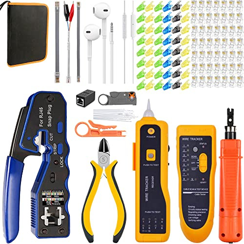 MAYLINE RJ45 Network Crimp Tool Kit Set, CAT5 CAT6 8P 6P Cable Tester Repair Wire Stripping Cutter Kit, Ethernet Coax Plug Crimping, Pass Through Crimper Wire Data LAN Detector Stripper(Blue)