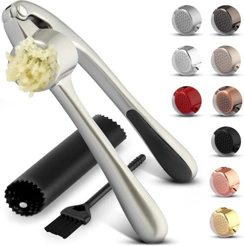 lisetar Küche Knoblauchpresse Mit Weichem, Leicht zu Drückendem Griff - Enthält Silikon-Knoblauchschäler & Reinigungsbürste - 3-Teiliges Knoblauch-Zerkleinerungswerkzeug - Garlic Press - (Silber)