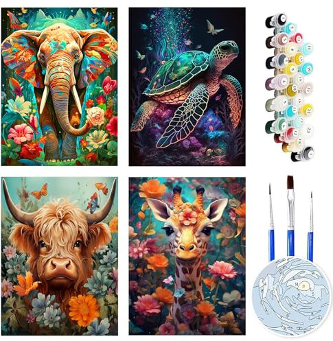 FLAJZ Malen Nach Zahlen Erwachsene, 4 Stück DIY handgemaltes Ölgemälde Set für Anfänger und Erwachsene, Acrylfarbe, Kindergemälde, kreative Heimdekoration, Geschenk, Weihnachten