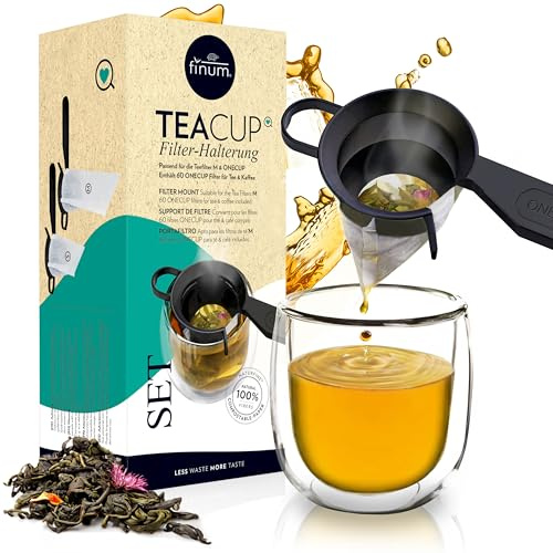 finum TEACUP SET mit 60 Tea Filters + Halter - 60 Tassenfilter + Halterung, Papierfilter, Filter für Tee, Teebereiter für Becher – 1 Stk./60 Filter