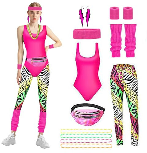 80er 90er Jahre Outfit Damen,Mottoparty 80s 90s Karneval Kostüm Damen Accessoires,Workout Aerobic Outfit 80er Damen Kleidung,Retro Neon Party Outfit Damen Set,Kostüm Fasching Damen für Karneval Party
