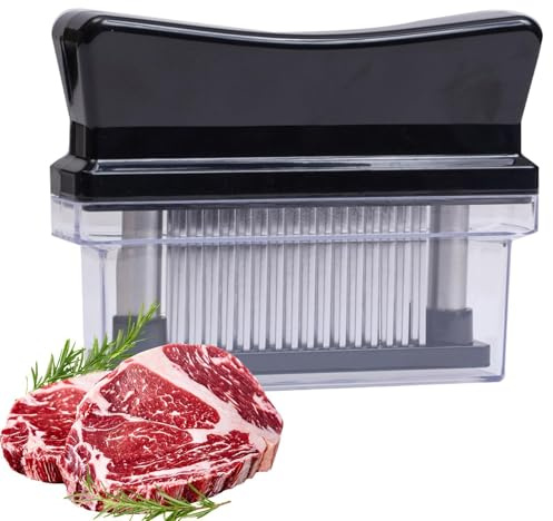 Yonuaret Steaker köttmjukgörare, kötthammare steaker för kött med 48 blad av rostfritt stål manuella köksmatlagningsverktyg kötthammare med lock för hemmarestaurangen, 15 x 11,5 cm