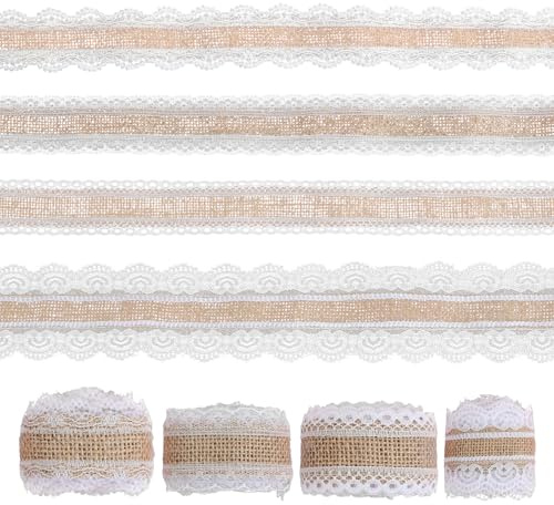 4 Rollen 2 m Juteband Dekoband, Jute Band Natürlich, Spitzenband Weiß Vintage für Dekorieren Sie Geschenke, Weihnachtsbäume, Kuchen, Hochzeiten
