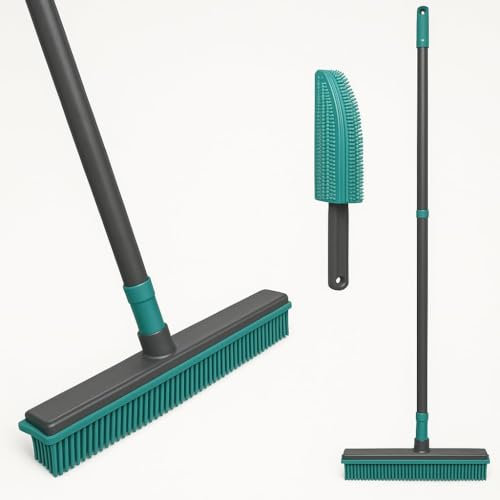 Rubber Broom with Telescopic Handle, Pet Hair Remover Broom for Carpets, Rugs & Hard Floors, Rubber Bristle Sweeping Brush for Laminate, Tile & Patio, Wet & Dry Indoor Outdoor Floor Cleaning Tool